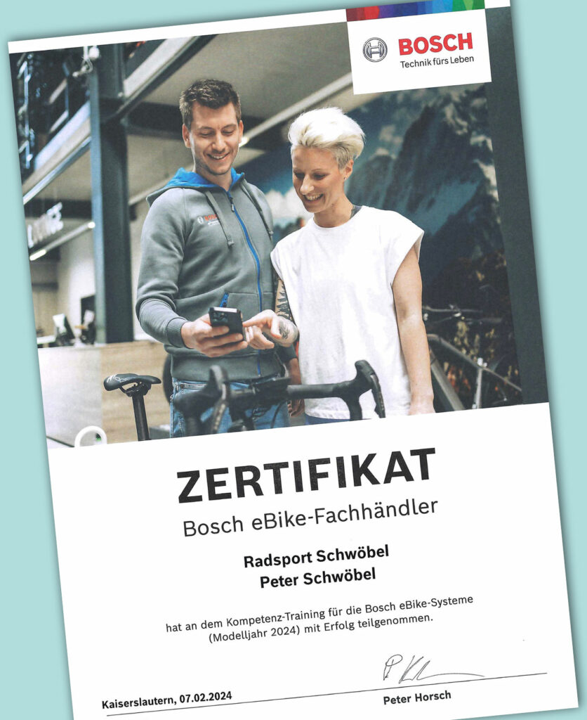 Zertifikat der Bosch E-Bike Händlerschulung 2024 von Peter Schwöbel