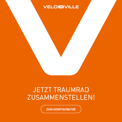 Das Logo von Velo de Ville wird in weiß auf organgenem Hintergrund dargestellt mit Verlinkung zum Konfigurator